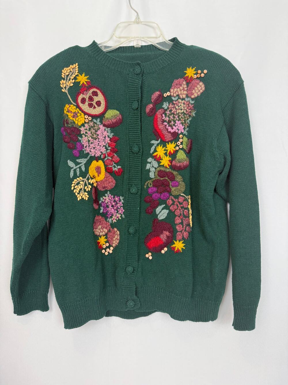 Vintage Hand Embroidered Fruit Floral Cardigan Large Ramie Cotton Beaded